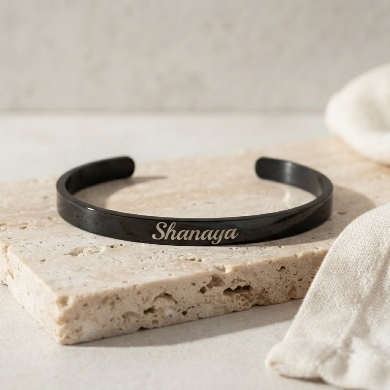 Personalized Black Kada Bracelet for Women – Custom Name Engraved Bracelet