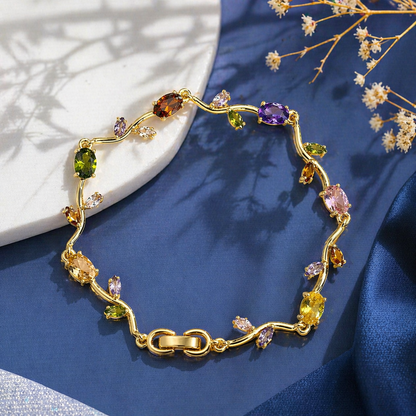 Golden Multicolor Gemstone Tulip Bracelet – Elegant Floral Charm Bracelet for Women