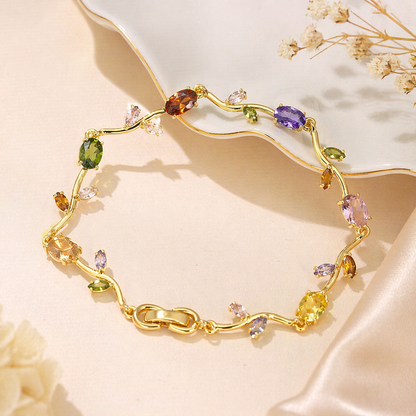 Golden Multicolor Gemstone Tulip Bracelet – Elegant Floral Charm Bracelet for Women