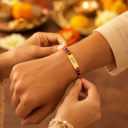 Personalized Engraved Name Rakhi | Custom Gold Name Rakhi with Rudraksha