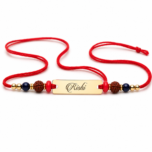Personalized Engraved Name Rakhi | Custom Gold Name Rakhi with Rudraksha
