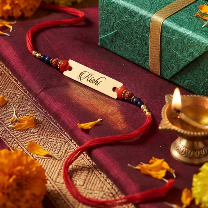 Personalized Engraved Name Rakhi | Custom Gold Name Rakhi with Rudraksha