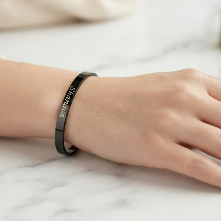 Personalized Black Kada Bracelet for Women – Custom Name Engraved Bracelet