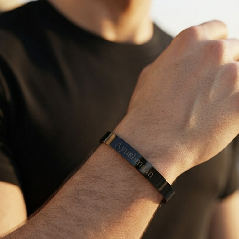 Personalized Black Kada Bracelet for Men – Custom Name Engraved Bracelet