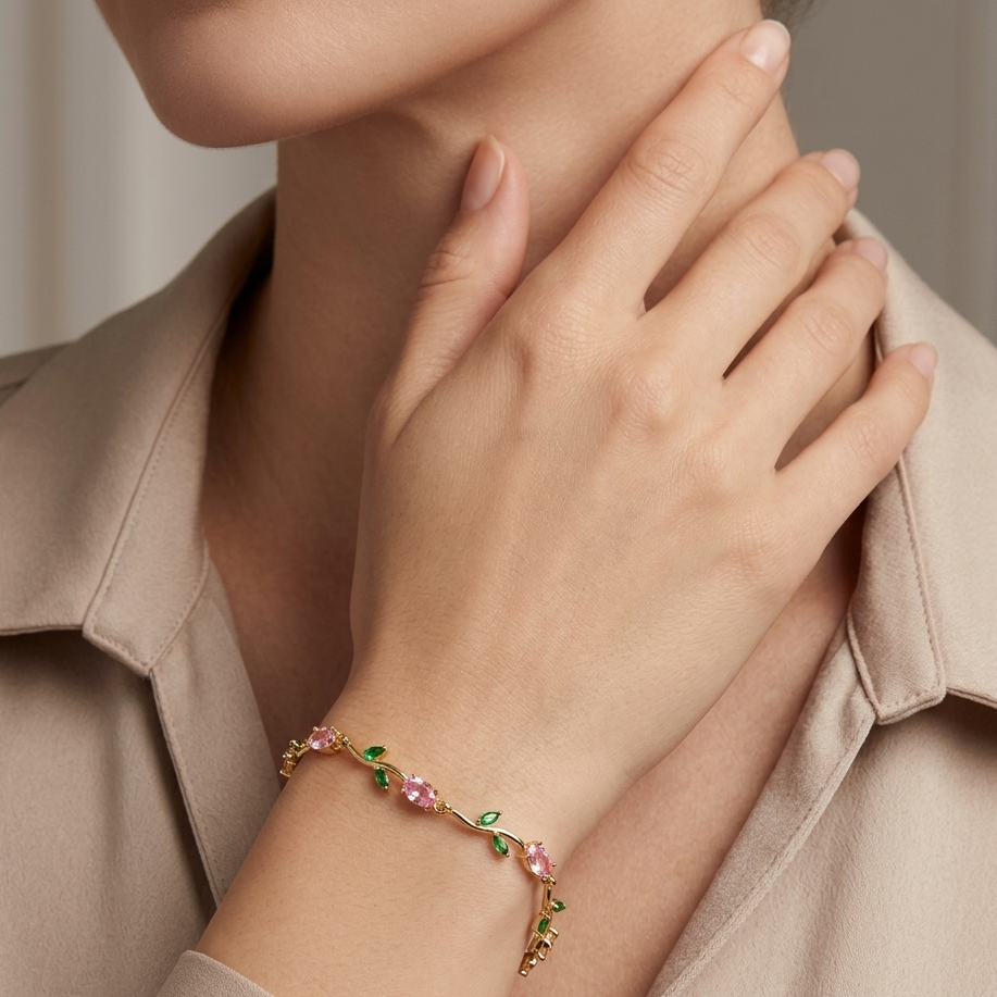 Golden Pink Tulip Bracelet – Elegant Floral Charm Bracelet for Women