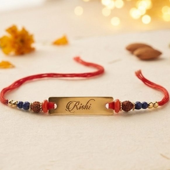 Personalized Engraved Name Rakhi | Custom Gold Name Rakhi with Rudraksha