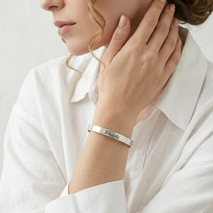 Personalized Silver Kada Bracelet for Men & Women – Custom Name Engraved Bracelet