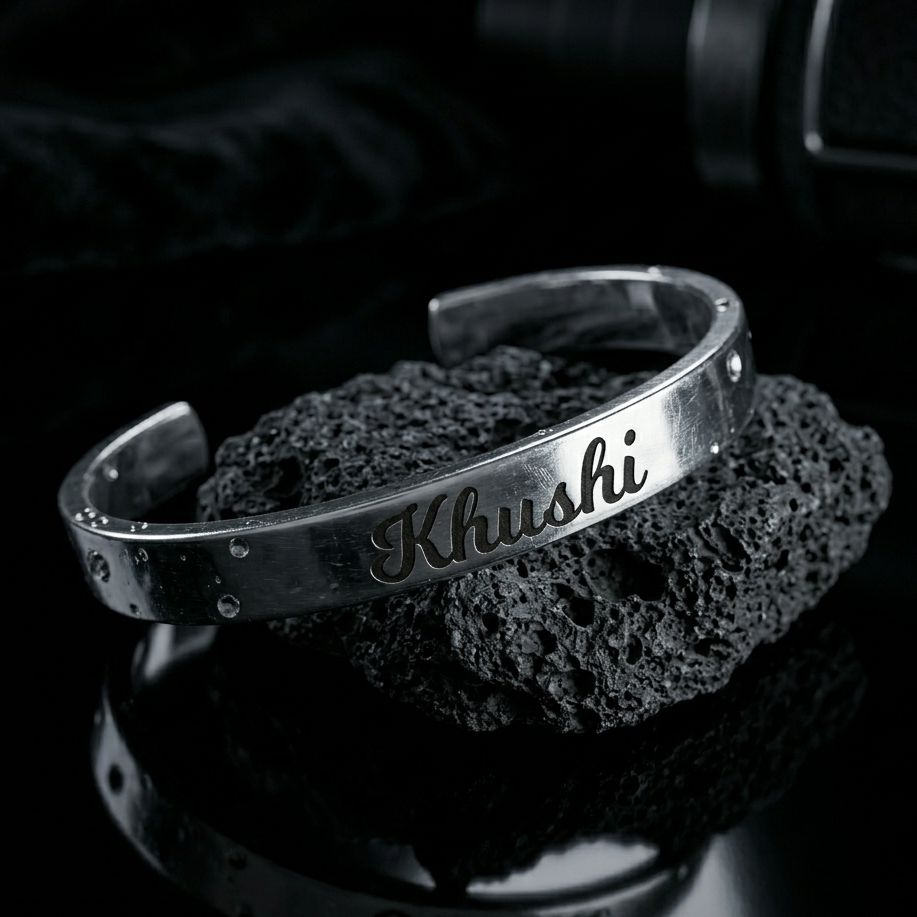 Personalized Silver Kada Bracelet for Men & Women – Custom Name Engraved Bracelet