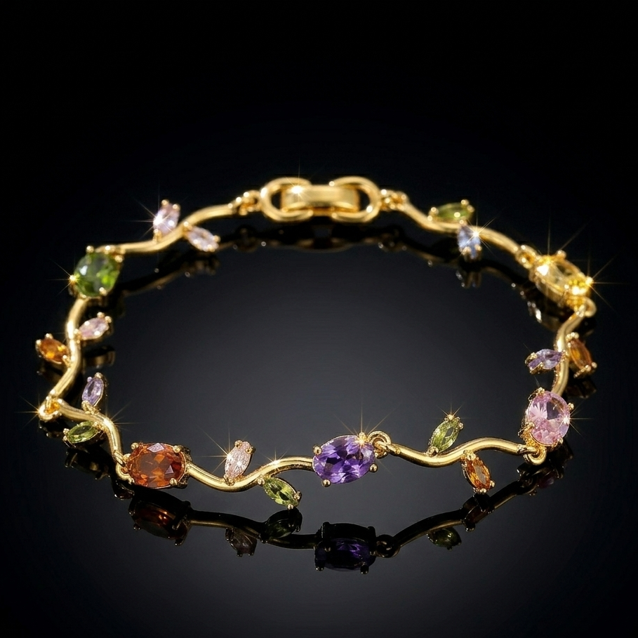 Golden Multicolor Gemstone Tulip Bracelet – Elegant Floral Charm Bracelet for Women