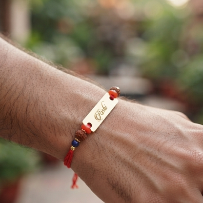 Personalized Engraved Name Rakhi | Custom Gold Name Rakhi with Rudraksha