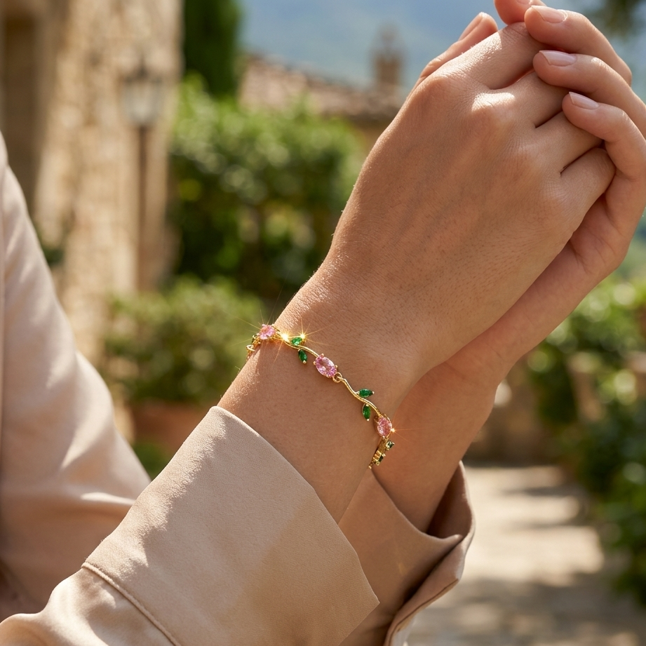 Golden Pink Tulip Bracelet – Elegant Floral Charm Bracelet for Women