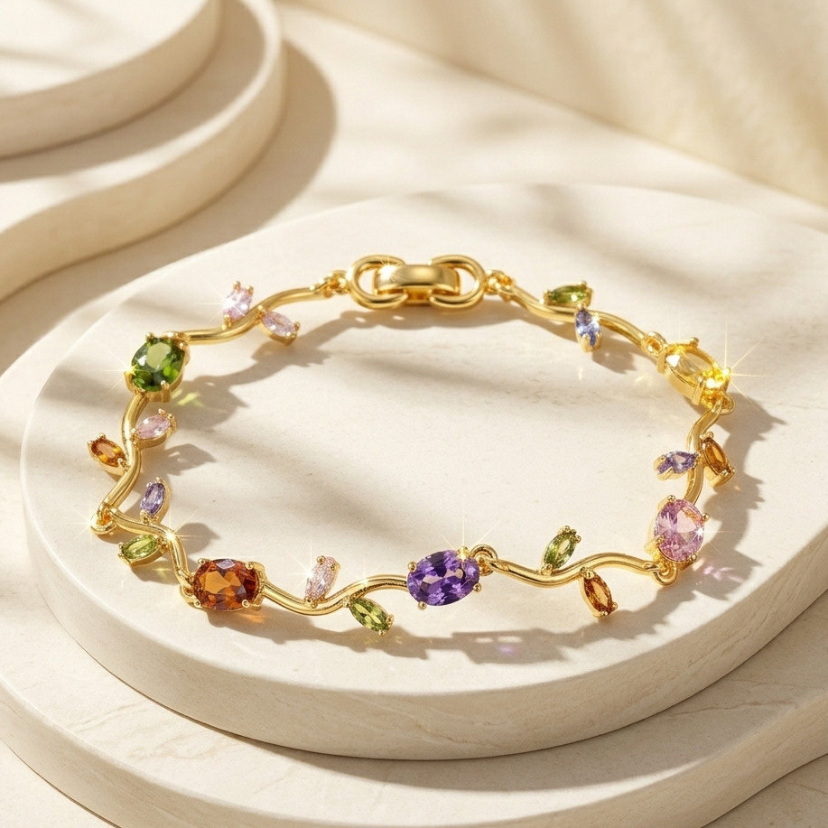 Golden Multicolor Gemstone Tulip Bracelet – Elegant Floral Charm Bracelet for Women