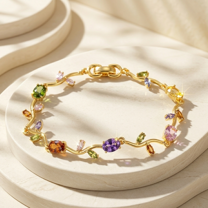 Golden Multicolor Gemstone Tulip Bracelet – Elegant Floral Charm Bracelet for Women