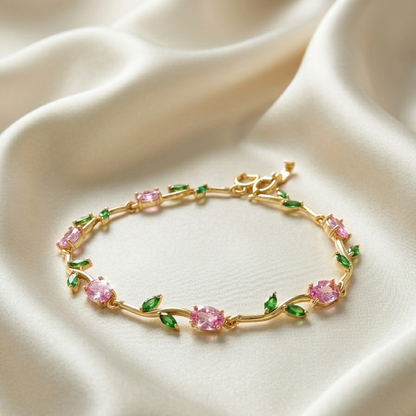 Golden Pink Tulip Bracelet – Elegant Floral Charm Bracelet for Women