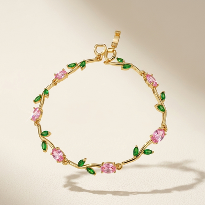 Golden Pink Tulip Bracelet – Elegant Floral Charm Bracelet for Women