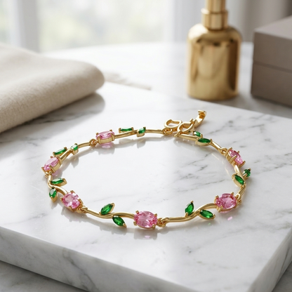 Golden Pink Tulip Bracelet – Elegant Floral Charm Bracelet for Women