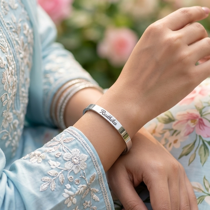 Personalized Silver Kada Bracelet for Women – Custom Name Engraved Bracelet