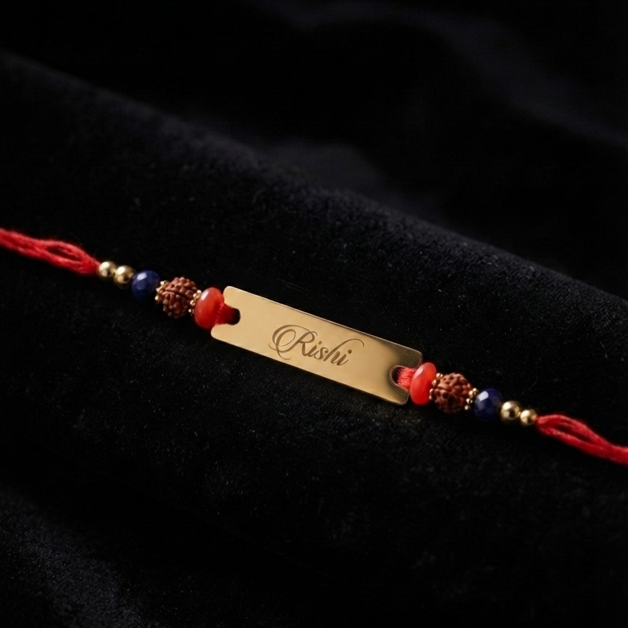 Personalized Engraved Name Rakhi | Custom Gold Name Rakhi with Rudraksha