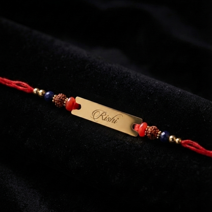 Personalized Engraved Name Rakhi | Custom Gold Name Rakhi with Rudraksha