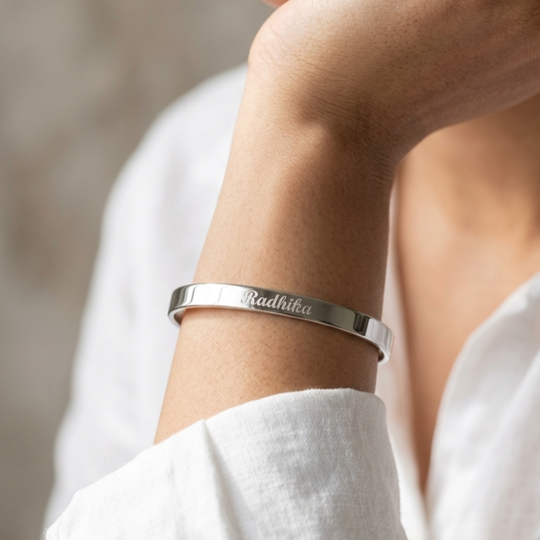Personalized Silver Kada Bracelet for Women – Custom Name Engraved Bracelet
