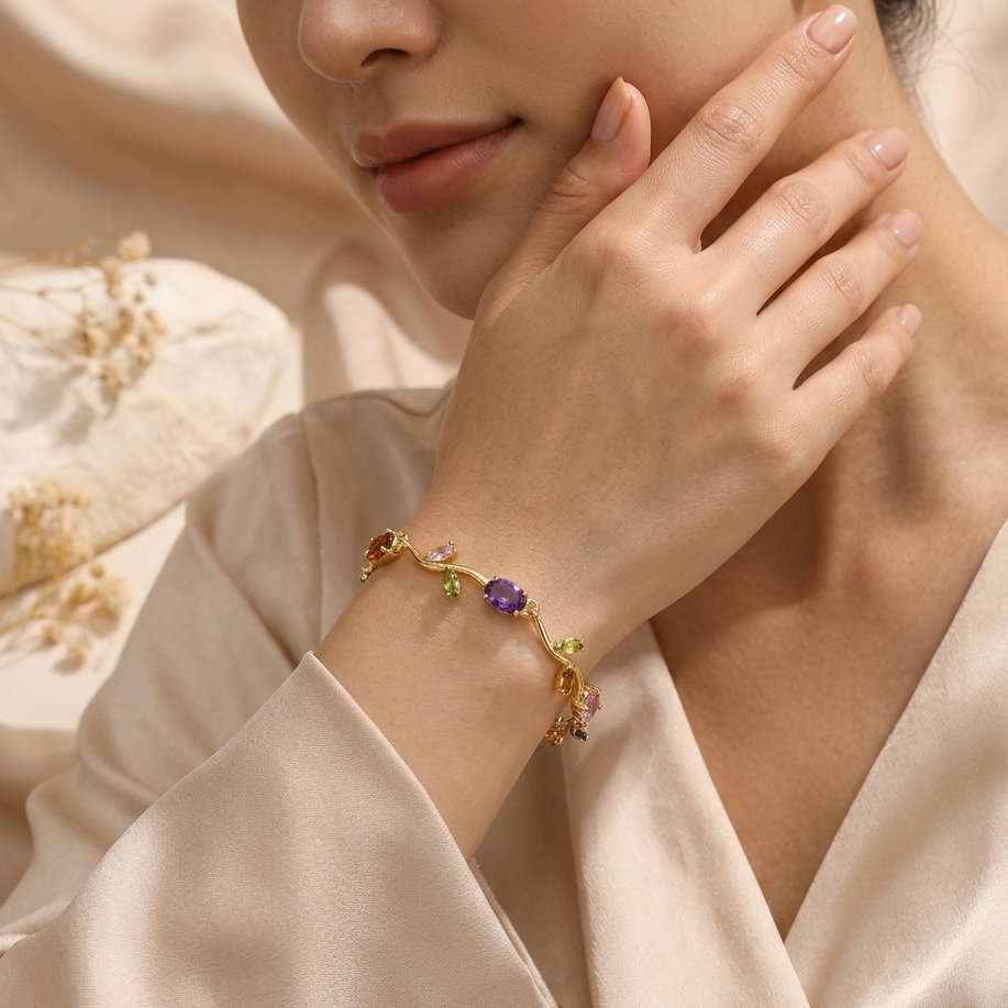 Golden Multicolor Gemstone Tulip Bracelet – Elegant Floral Charm Bracelet for Women