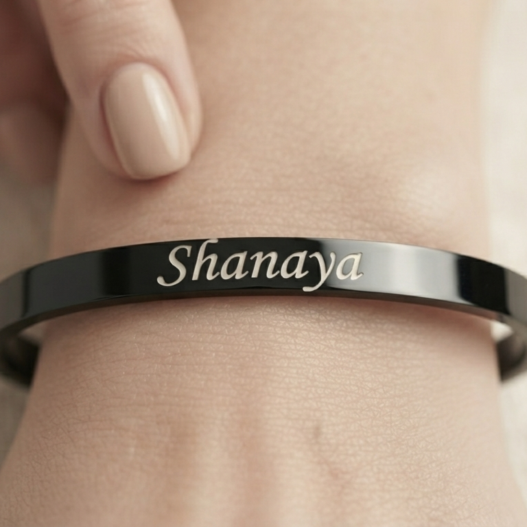 Personalized Black Kada Bracelet for Women – Custom Name Engraved Bracelet