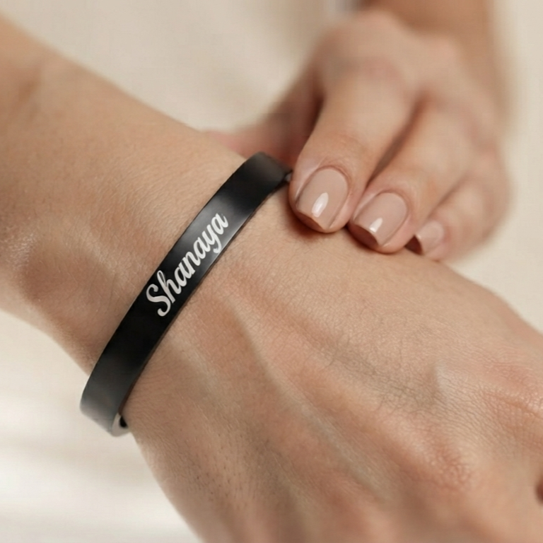 Personalized Black Kada Bracelet for Women – Custom Name Engraved Bracelet