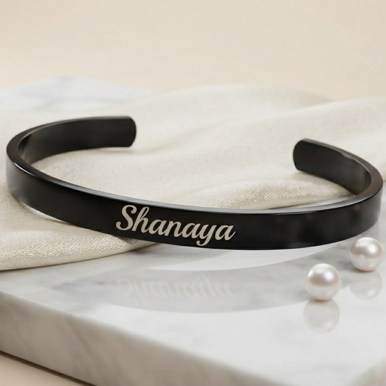 Personalized Black Kada Bracelet for Women – Custom Name Engraved Bracelet