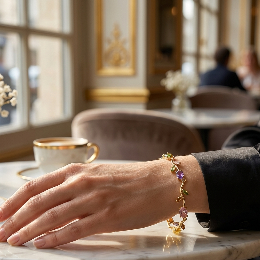 Golden Multicolor Gemstone Tulip Bracelet – Elegant Floral Charm Bracelet for Women