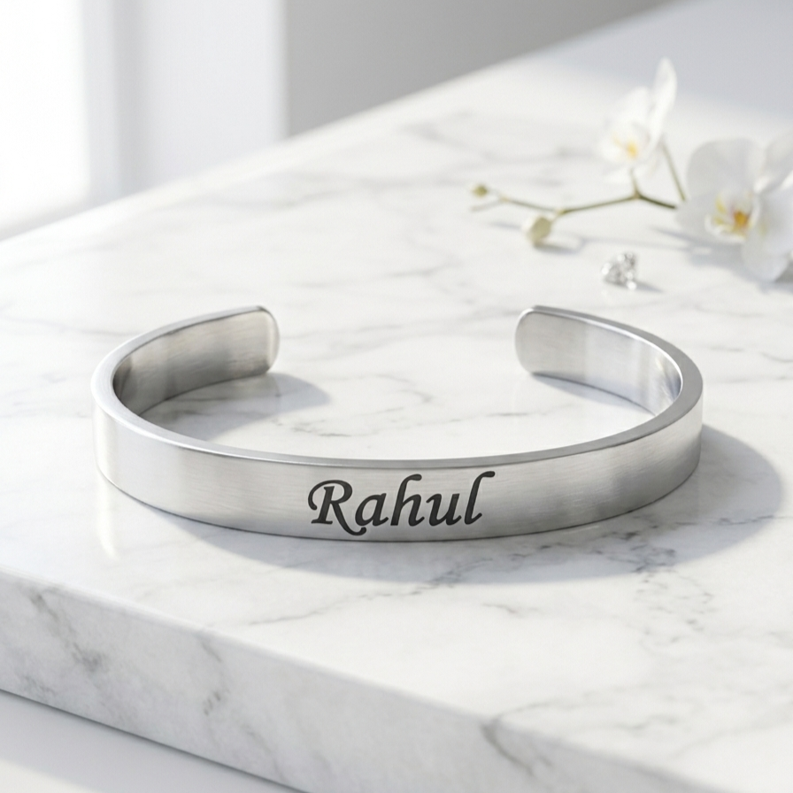 Personalized Silver Kada Bracelet for Men – Custom Name Engraved Bracelet