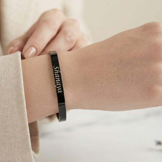 Personalized Black Kada Bracelet for Women – Custom Name Engraved Bracelet