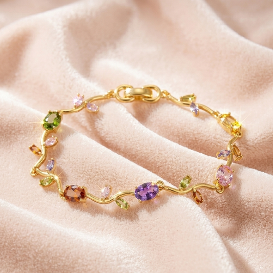 Golden Multicolor Gemstone Tulip Bracelet – Elegant Floral Charm Bracelet for Women
