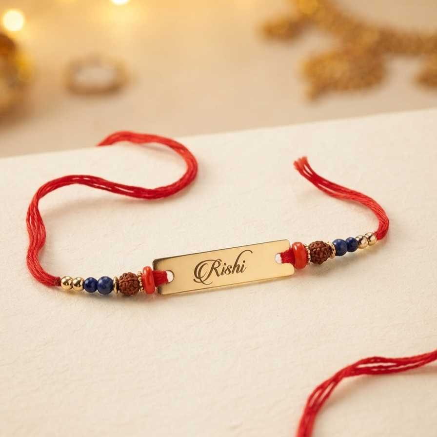 Personalized Engraved Name Rakhi | Custom Gold Name Rakhi with Rudraksha