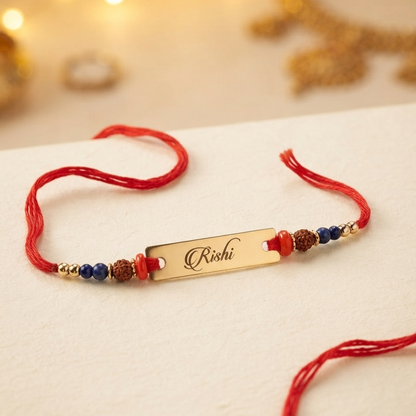 Personalized Engraved Name Rakhi | Custom Gold Name Rakhi with Rudraksha
