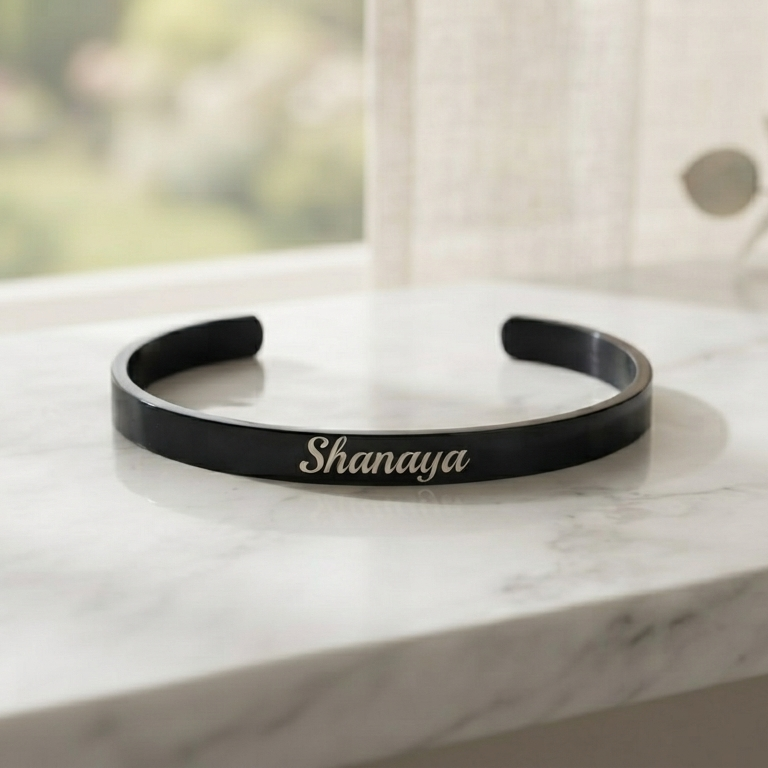 Personalized Black Kada Bracelet for Women – Custom Name Engraved Bracelet