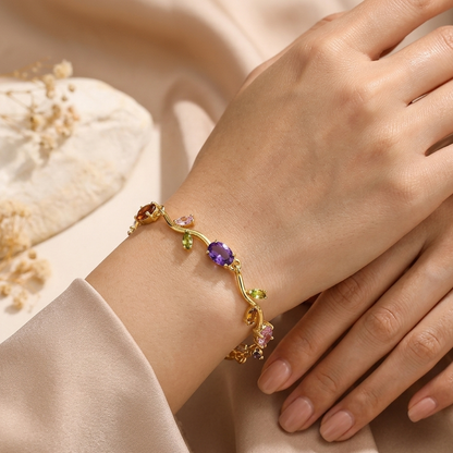 Golden Multicolor Gemstone Tulip Bracelet – Elegant Floral Charm Bracelet for Women