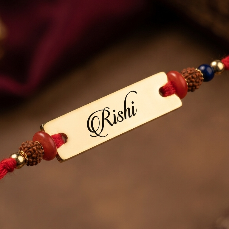 Personalized Engraved Name Rakhi | Custom Gold Name Rakhi with Rudraksha