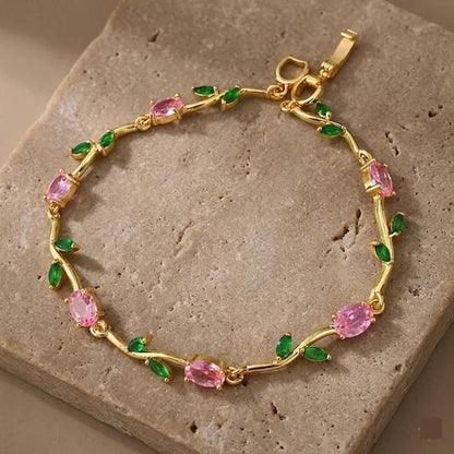 Golden Pink Tulip Bracelet – Elegant Floral Charm Bracelet for Women